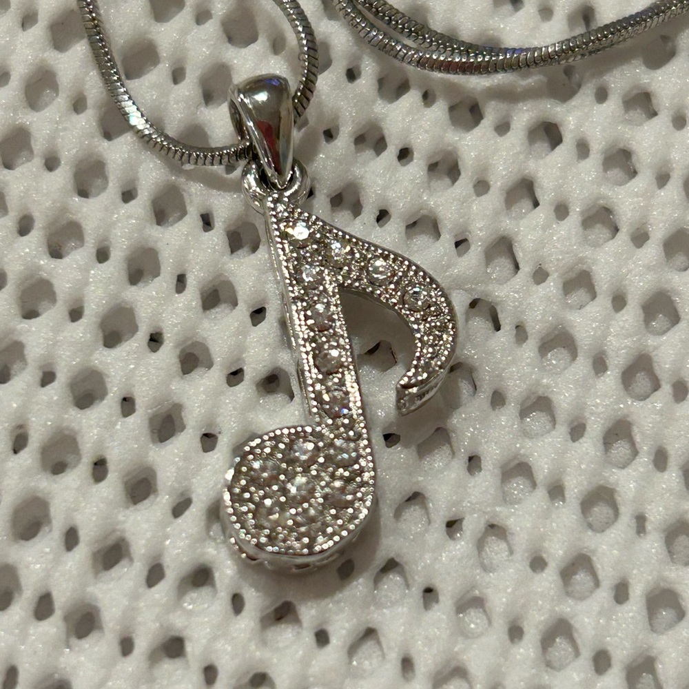 Elegant Silver Crystal Musical Note Pendant Necklace